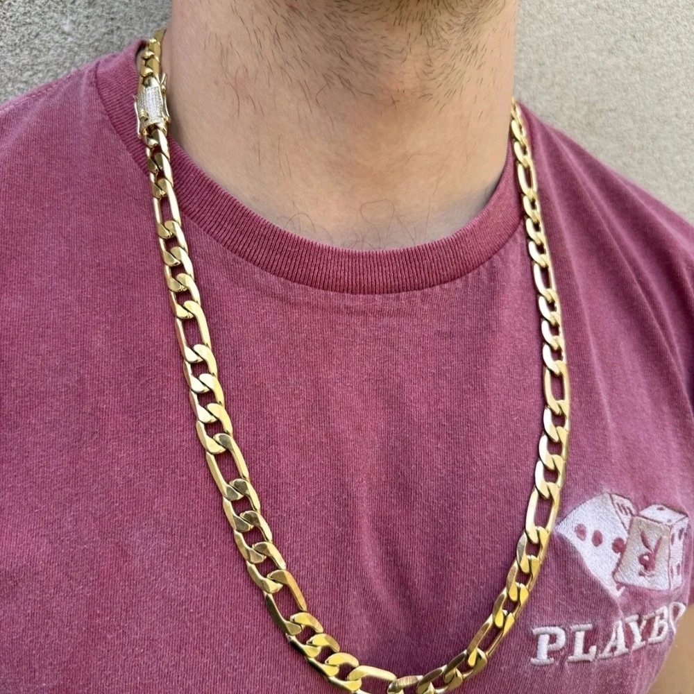 14k Gold Plated Steel 12mm Figaro Chain W. Iced CZ Clasp 30” Chain